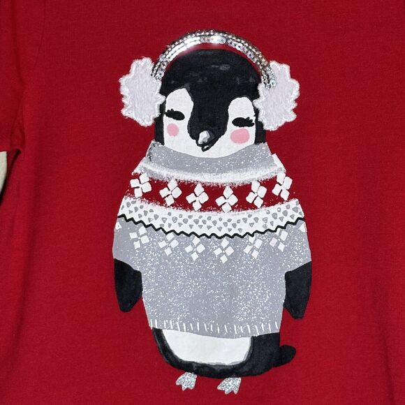 Gymboree Size 5 Holiday Red Penguin Shirt Ear Muffs Glitter Sequins - Picture 3 of 5